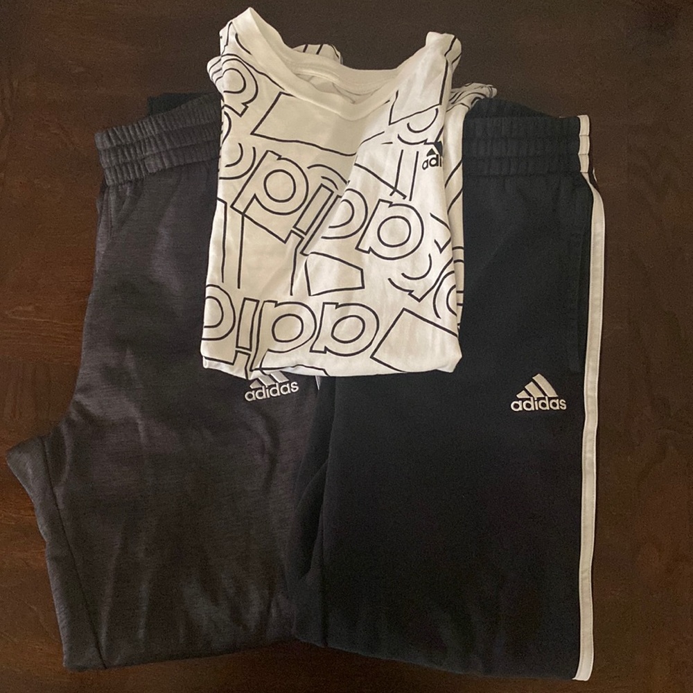 Gray and black adidas sweatpants with tshirt